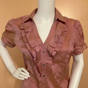 Express Metallic Rose Gold Ruffled V Neck Collar Button Down Blouse